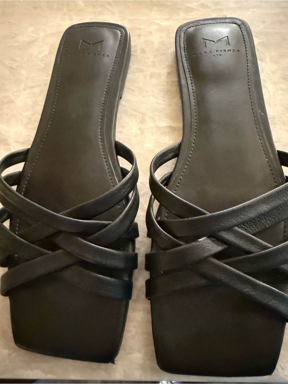 Marc Fisher Black Strappy Square-Toe Slide Sandals